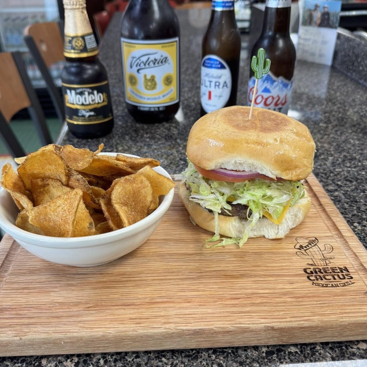 The Cactus Burger served with seasoned chips