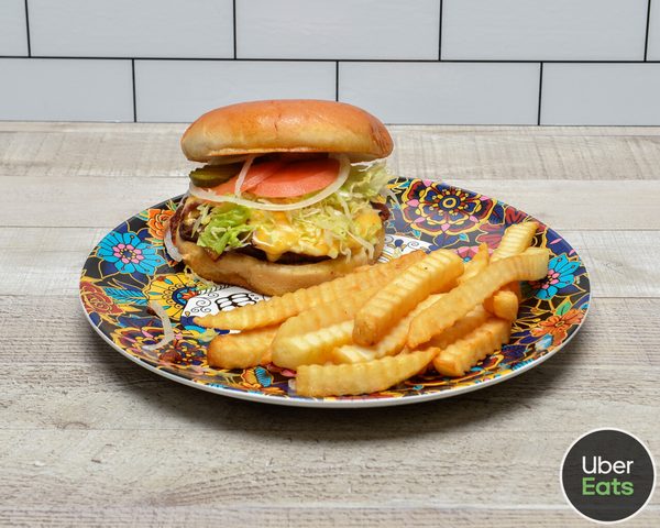 Hamburger and fries at Green Cactus Mexican Grill